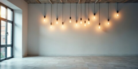 Empty room interior design with warm lighting and large window