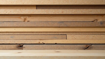 Horizontal Stack of Natural Light Brown Wood Planks with a Light Wood Surface Below