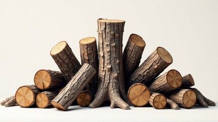 A Collection of Rustic Tree Trunks Arranged in a Striking Composition on a Neutral Background