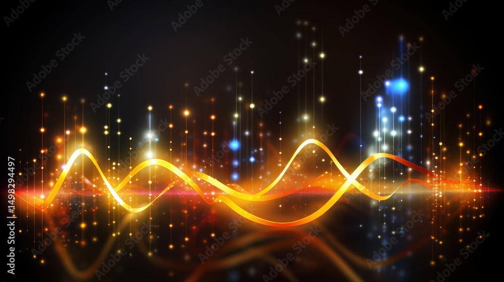 Poster Colorful wave with many bright spots and lines. The wave is orange and red. The spots are yellow and blue. The wave is in the middle of the image