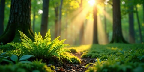 Golden Sunlight Illuminates a Vibrant Fern in a Lush Forest Setting