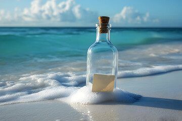 Empty glass bottle with a note on the beach.