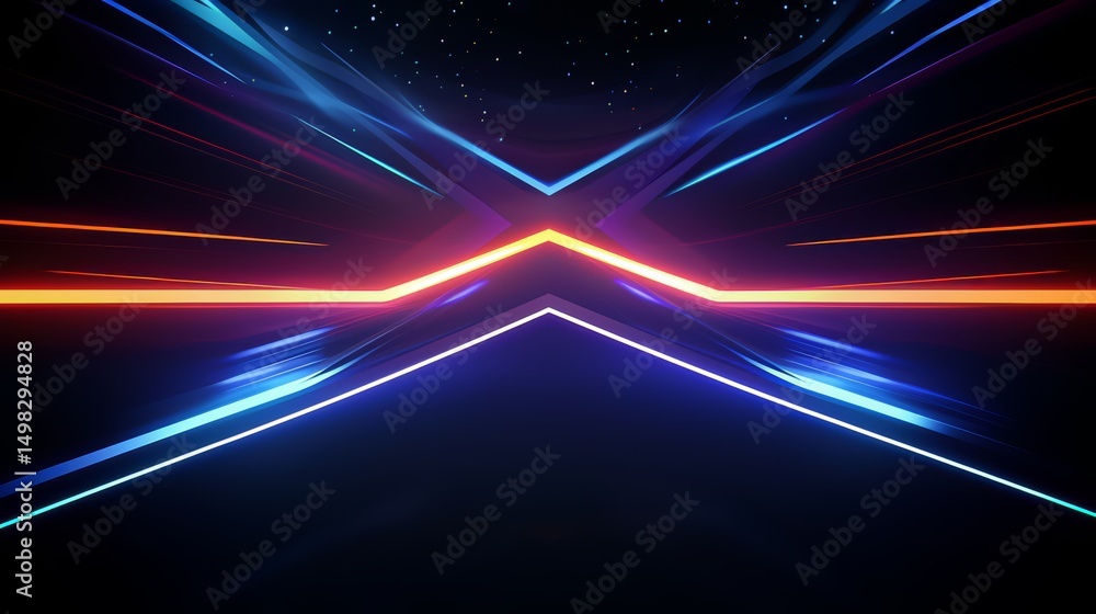 Poster colorful, abstract image of a blue and orange line with a red arrow. the image is of a futuristic, n