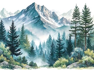 Fototapeta premium Misty pine forest with mountains and fog in a soft watercolor painting