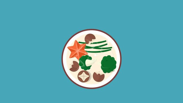 Japanese zoni soup animation with colorful toppings like mushroom and green vegetables