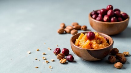 Sweet orange dessert with red berries and nuts in wooden bowls on a gray surface