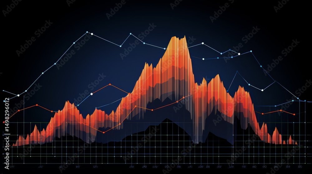 Poster Graph with a mountain range and a line that is orange. The graph is in black and white