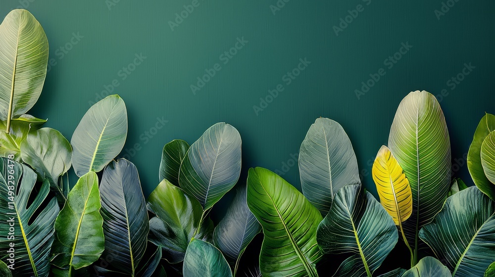 Poster lush green background with a variety of leaves scattered throughout. the leaves are large and vibran
