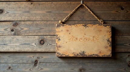 Rustic Wooden Sign Hanging on Weathered Planks, Perfect for Displaying Your Message or Announcement