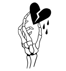 Skeleton Hand Holding a Broken Heart with Dripping Tears – Gothic Symbol of Lost Love, Emotional Pain, Death, and Dark Romance. Gothic Aesthetic