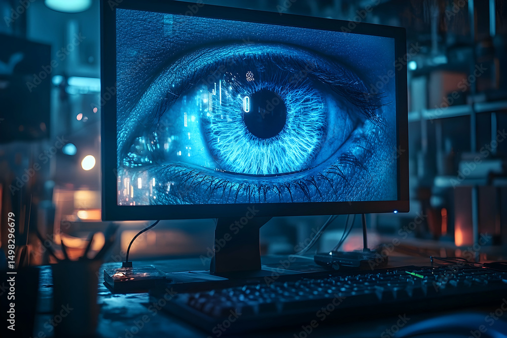 Fototapete Close-up of a computer monitor displaying a detailed image of an eye.