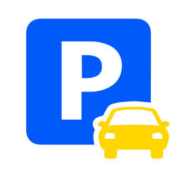 Parking Sign Icon with Yellow Car Silhouette on Blue Background. Public Parking, Urban Transportation, Vehicle Access, and Navigation. Common in City Maps, Parking Apps, Road Infrastructure.