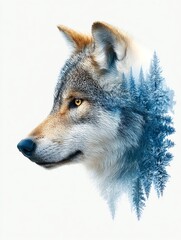 Obraz premium double exposure of a wolf and a snowy pine forest at twilight, surreal style, blending nature and wildlife, cinematic composition