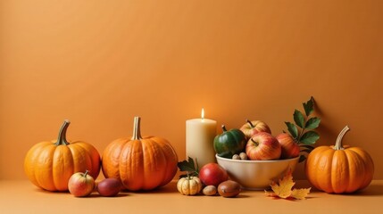 Autumnal Still Life Featuring Pumpkins, Apples, and a Lit Candle on a Warm Background