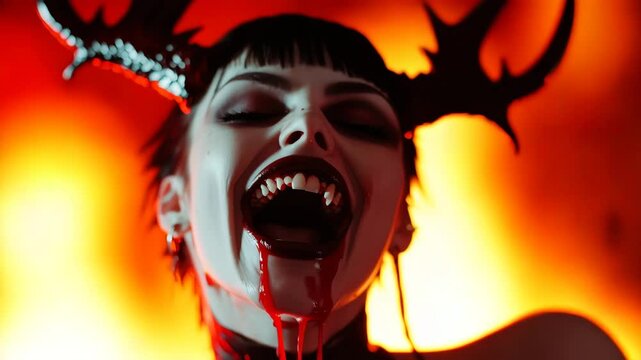 Fearsome vampire transformation in fiery background with dramatic expressions