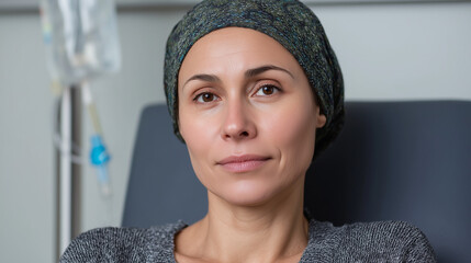 Woman with headscarf resting during chemotherapy session