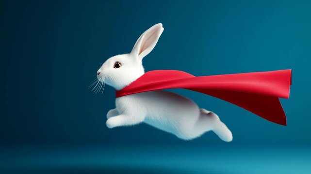 Superhero bunny leaps with red cape in midair against blue background
