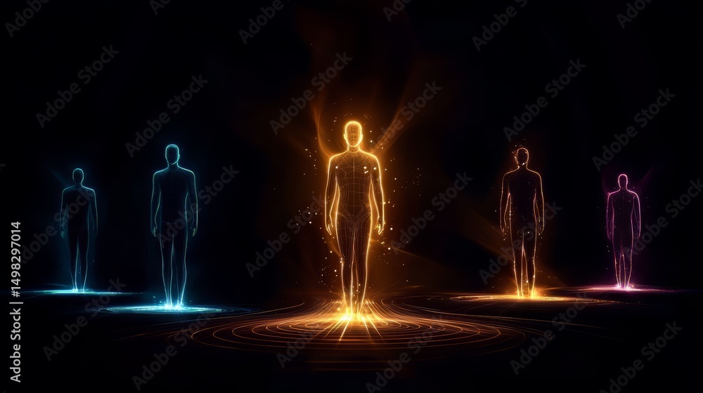 Leinwandbilder Group of people are standing in a circle, each one glowing in a different color. The scene is vibrant and energetic, with the colors of the people creating a sense of unity and harmony