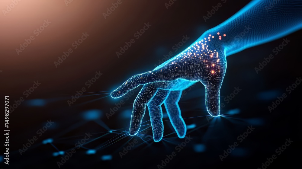 Poster hand is reaching out to touch a screen. the image is a representation of a digital hand, with the fi
