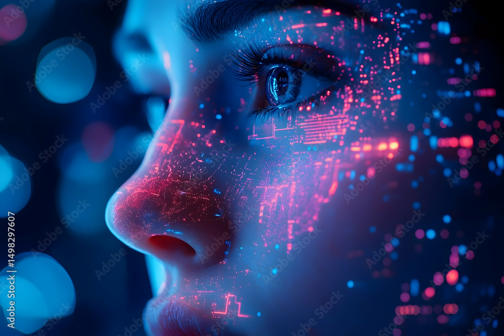 Poster close-up of a person's face with digital network patterns.