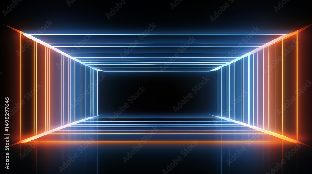 Poster long, narrow room with neon lights that are orange and blue. the room is empty and the lights are on