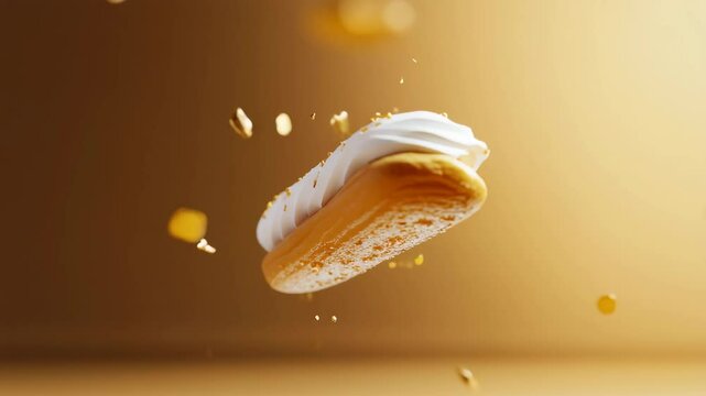 Golden eclair with whipped cream topping in dynamic motion against a warm gradient background