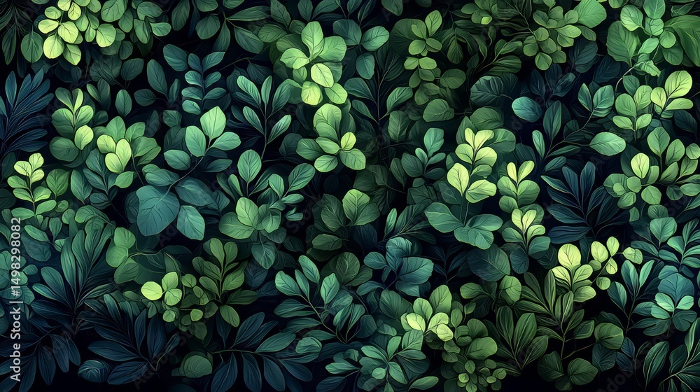 Poster lush green background with leaves of various sizes. the leaves are green and appear to be in a fores