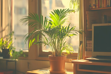 Fototapeta premium Sunlight streams through a window, illuminating a potted palm tree in a home office.