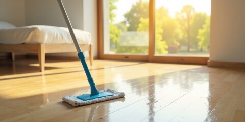 Sunlight streams through a window illuminating a freshly mopped hardwood floor, a mop rests on the gleaming surface near a bed