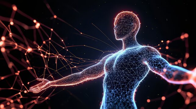 Man is depicted in a futuristic, glowing, and abstract manner. The image is a representation of the human body and its connection to technology. The man's arms are outstretched