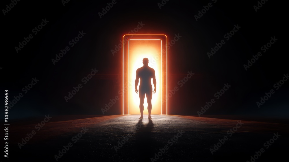 Poster man stands in front of a glowing doorway. the image has a mysterious and eerie mood, as the man is t