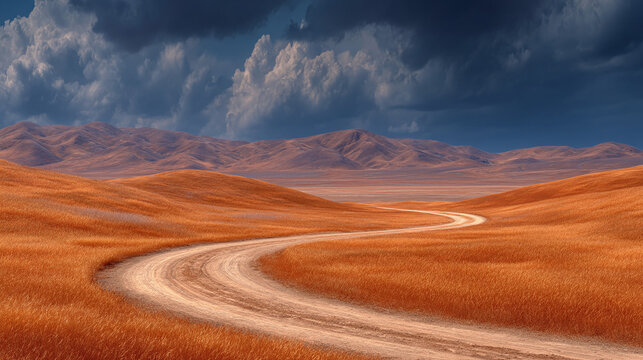 Winding dirt road across golden hills under dramatic stormy sky, cinematic desert composition for adventure, solitude and travel landscapes