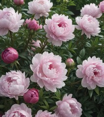 Obraz premium Full bloom peonies, abundant greenery, close-up view , white, image, colorful