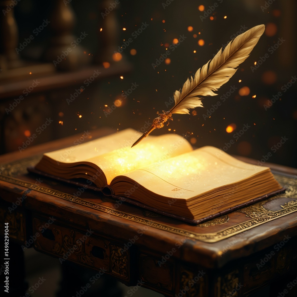 Poster open book feather quill pen resting top book resting wooden table intricate carvings edges backgroun