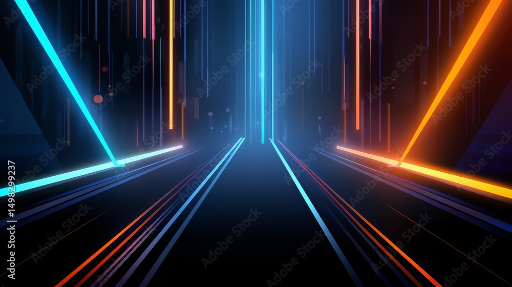 Poster neon sign with a blue and orange stripe. the sign is lit up and he is a part of a futuristic citysca