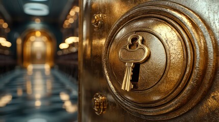 Key on polished desk near vault hints at secure access to bank's financial valuables
