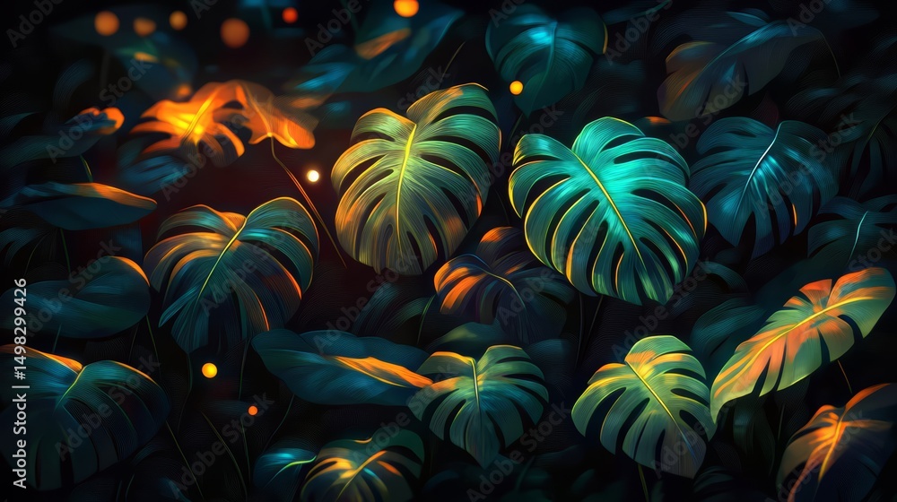 Poster painting of a forest with many leaves, some of which are green and some of which are yellow