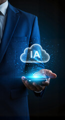 IA ícone, inteligência artificial. Empresário brasileiro com nuvem brilhante escrita "IA", simbolizando inovação em inteligência artificial na nuvem, transformação digital 