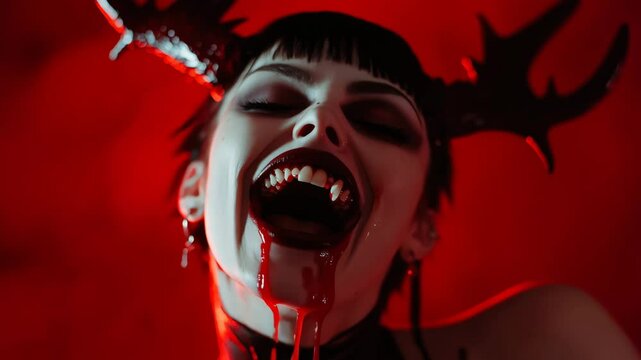 Mysterious vampire woman transforming with fierce red and black aesthetic