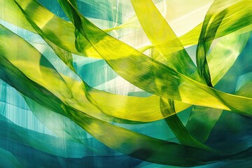 Abstract artwork featuring flowing, translucent green and yellow ribbons, creating a vibrant and dynamic composition.