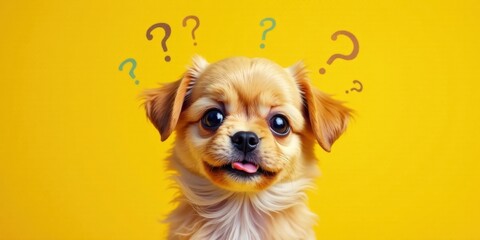A Curious Puppy Posing Against a Vibrant Yellow Background, Question Marks Hovering Above Its Head, Evoking a Sense of Wonder and Playfulness