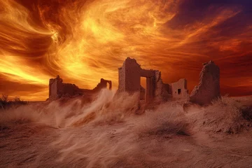 Foto op Canvas Ancient ruins in a desert landscape under a fiery, swirling sunset sky. © prophoto