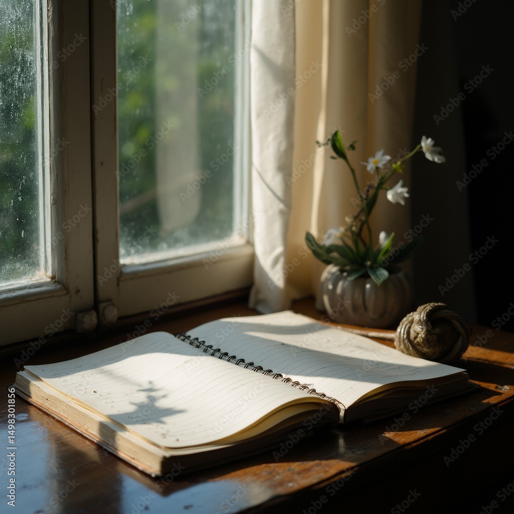 Poster open notebook wooden table front window notebook open appears blank writing illustrations next noteb