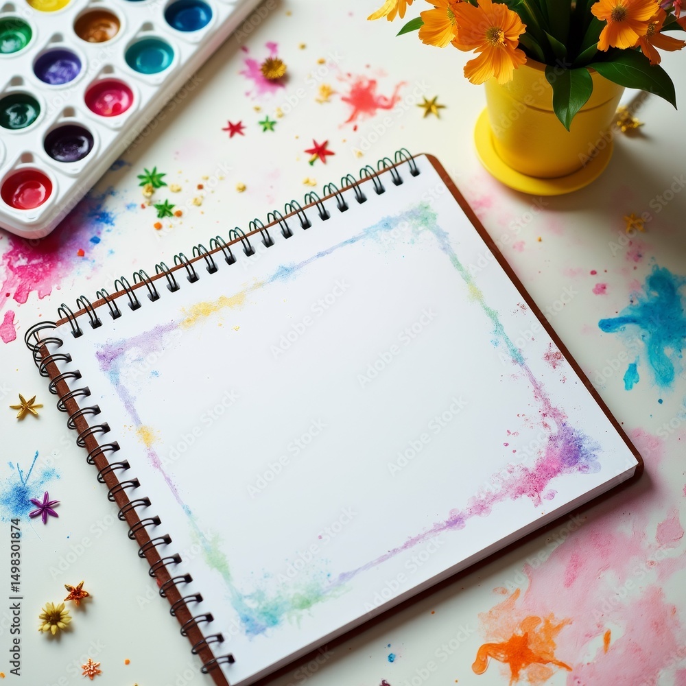 Poster open spiral bound notebook blank white paper top notebook surrounded colorful splashes paint various