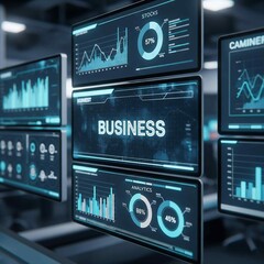 AI-Powered Business Insights: Holographic Charts on Computer Screens, Visualizing Data and Driving Decisions in a Futuristic Office Setting
