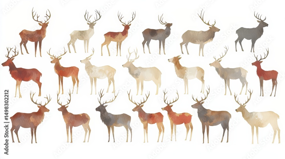 Poster Row of deer with different colored antlers. The deer are all lined up in a row, with some standing closer together and others further apart. The image has a peaceful and serene mood