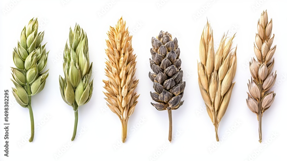 Poster Row of dried up plant stems, including some that resemble wheat and others that look like pine cones. The stems are arranged in a line, with some overlapping each other