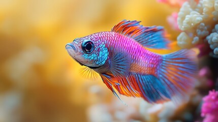 Fototapeta premium Shimmering betta fish with iridescent blue and purple fins glides peacefully on pale yellow.