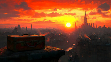A vintage suitcase sits atop a rooftop overlooking a city at sunset.