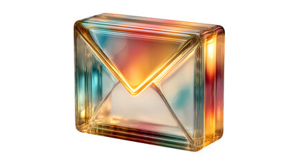 A glowing 3D envelope icon with a prismatic effect, representing digital communication, placed on white --ar 16:9 --v 7.0 --s 750